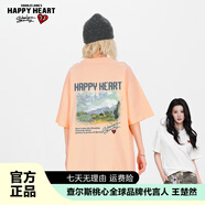 查爾斯桃心純棉T恤男情侶小清新夏季新款短袖上衣潮流刺繡百搭寬松短袖衣服 淺橙色 XS