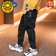 G.duck男童加絨牛仔褲秋冬裝中大童韓版一體絨加厚褲子男孩洋氣兒童褲潮 黑色【春款單褲】 刺繡 150 建議身高145cm左右
