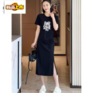 皮爾卡丹（pierre cardin）【店鋪】棉短袖t恤裙2025新款韓版寬松大碼中長(zhǎng)款開叉體恤連衣裙 6017黑色開叉連衣裙 -白色印花 XL 125-140斤