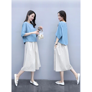 觀裝棉麻連衣裙女2025夏季新款減齡時(shí)尚韓版兩件套裝中長款亞麻裙子潮 藍(lán)色+米色 S 80-105斤