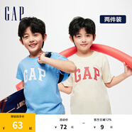 Gap男女童夏季LOGO純棉短袖T恤套裝兒童裝404362兩件裝 米色藍(lán)色組合 130cm(S)亞洲尺碼
