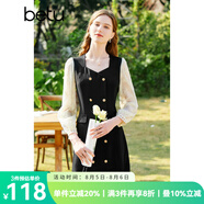 百圖betu女裝春夏新款連衣裙方領(lǐng)雙層蕾絲長(cháng)袖連衣裙女2302T73 黑色 S