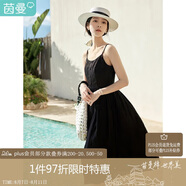茵曼（INMAN）夏季提花肌理女裝純色吊帶連衣裙顯瘦百搭風(fēng)中長裙子 黑色 XL
