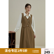 獨(dú)束（DUSHU）大碼女裝假兩件復(fù)古連衣裙女冬裝新款馬甲拼接襯衫翻領(lǐng)壓褶裙子 卡其咖（適合165以上身高） XL