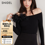 SNIDEL秋冬甜美薄紗拼接一字領(lǐng)露肩修身針織衫SWNT244236 黑色 均碼 （F）