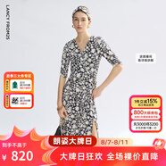 朗姿法式雛菊印花v領開衩茶歇裙設計感2025年夏季新款氣質(zhì)碎花裙 黑色 S