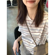佐敘美式復古撞色條紋短袖t恤女2025新款夏季寬松設計感半袖圓領(lǐng)上衣 灰色 M （85-105斤）