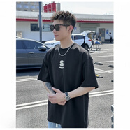 NY丨潮牌字母印花短袖T恤男夏季新款寬松情侶上衣 黑色- S前后 2XL 140-160斤