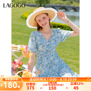 lagogo氣質(zhì)V領(lǐng)印花連衣裙女拉谷谷夏季新款田園風泡泡袖A字中長裙 混色(Y0) XL