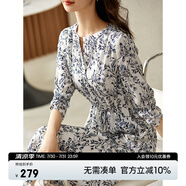 尚都比拉新中式連衣裙女夏季新款國(guó)風(fēng)青花瓷印花七分袖氣質(zhì)顯瘦碎花裙 白底藍(lán)花 L