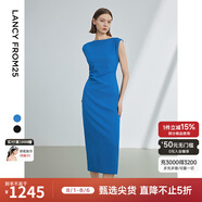 朗姿法式一字肩收腰抽褶設計感氣質(zhì)長(cháng)裙夏裝新款女禮服連衣裙 艦隊藍色2 S