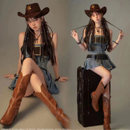 杏墨西部牛仔歐美雜志風(fēng)辣妹寫(xiě)真服裝潮拍性感個(gè)性日韓攝影主題藝術(shù)照 連衣裙+腰帶+帽子