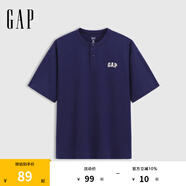 Gap【情人節(jié)】男女裝夏季新款純棉刺繡亨利領(lǐng)短袖T恤寬松上衣729074 海軍藍(lán) XL (180/100A) 亞洲尺碼