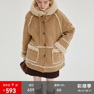fano studios范洛Fano 冬季加厚連帽仿羊羔毛皮毛一體外套女復古麂皮絨短外套 淺卡其 M