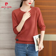 皮爾卡丹中年媽媽春秋中袖針織衫女打底寬松加大碼洋氣蠶絲t恤夏裝薄毛衣 皮紅(貼牌) M 專(zhuān)柜（建議90-105斤）