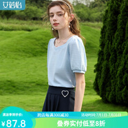 艾蓓怡（I BELIEVE YOU）藍色法式方領(lǐng)泡泡短袖蕾絲上衣女2024夏季新款洋氣質(zhì)小衫修身顯瘦 西子藍 M