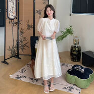 AEMAPE新中式設(shè)計感改良刺繡連衣裙女2025夏季新款超大碼減齡顯瘦仙女裙 米白色 XL 建議120-160斤