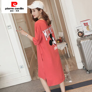 皮爾卡丹（pierre cardin）棉韓版前短后長(cháng)卡通印花V領(lǐng)中長(cháng)款短袖t恤裙大碼寬松連衣裙女潮 繡紅 M (建議80-109斤)