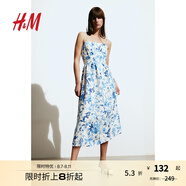 H&M女裝連衣裙夏度假風(fēng)印花吊帶修身亞麻混紡植物印花長裙1217048 白色/藍色花卉 170/104A L 建議拍小一碼
