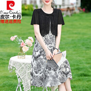 皮爾卡丹高檔短袖真絲連衣裙女新中式媽媽夏裝套裝母親節(jié)中老年國風(fēng)裙子兩 黑色 L (建議85-100斤)