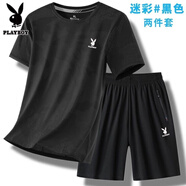 花花公子短袖t恤涼感夏季冰絲速干運(yùn)動(dòng)服套裝男一整套寬松圓領(lǐng)跑步服大碼 【花花公子】迷彩黑T恤+黑色短褲 L 【建議80-100斤】
