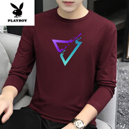 花花公子（PLAYBOY）高端男士t恤春秋季長(zhǎng)袖2025新款莫爾休閑圓領(lǐng)打底衫印花體恤修身 棗紅色 S