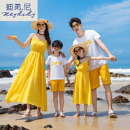 迪弟.尼  HEYDIDY親子裝夏季一家三四口家裝海邊度假母女波西米亞沙灘雪紡連衣裙 黃色 100 女寶裙