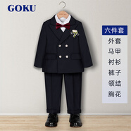 GOKU男童西套裝秋季鋼琴演出主持人西服兒童合唱服高端周歲男寶寶禮服 黑西裝+馬甲+褲子+襯衫領(lǐng)結胸花 90 （建議體重20-25斤）