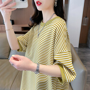 森馬（Semir）設計感條紋短袖t恤女夏2025新款韓版寬松大碼女裝中長(cháng)款半袖上衣 黃色 M (建議80-110斤)