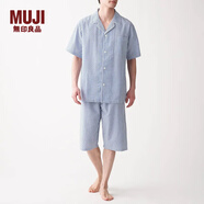 無(wú)印良品（MUJI）男式 無(wú)側(cè)縫泡泡紗短袖睡衣男士家居服套裝男款夏季純棉全棉 藍(lán)色條紋 M