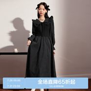 樂(lè )町拼接甜美翻領(lǐng)連衣裙秋冬新款長(cháng)袖小黑裙優(yōu)雅娃娃領(lǐng)連衣裙 黑色（現貨） S