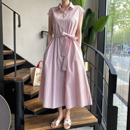 YNWWGW韓國條紋無(wú)袖坎肩連衣裙襯衣長(cháng)裙 杏色 均碼