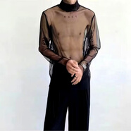 柏斐荻（BYPHYTEE）韓版冷淡風(fēng)T恤長袖男士夜店透視裝蕾絲漁網(wǎng)透明網(wǎng)紗高領(lǐng)純欲上衣 黑色 2XL