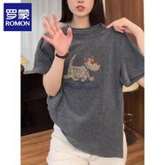 羅蒙（ROMON）美式復(fù)古圓領(lǐng)衛(wèi)衣女2025年夏季新款小個子寬松休閑短袖體恤上衣 碳花灰 L