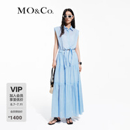 MO&Co.夏高腰綁帶苧麻襯衫長裙連衣裙M摩安珂 藍白條色 XS 155