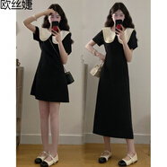 歐絲婕（OUSIJIE）大碼女裝胖mm2025夏季新款法式氣質(zhì)收腰娃娃領(lǐng)拼接黑色連衣裙女 長款 3XL 【150-170斤】