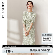 尚都比拉新中式國風(fēng)連衣裙夏裝青花瓷印花氣質(zhì)收腰顯瘦裙子 白底綠花 L
