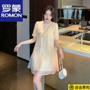 羅蒙（ROMON）法式甜美雪紡連衣裙女夏季時(shí)尚新款小香風(fēng)氣質(zhì)溫柔短袖A字裙子ins 米白色 L 【建議105-120斤】