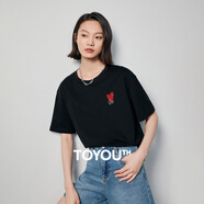 初語(yǔ)2025夏季新款圓領(lǐng)愛(ài)心印花短袖T恤女清爽透氣純棉上衣 黑色  S 