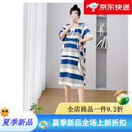 孕婦夏裝連衣裙2025新款時(shí)尚v領(lǐng)裙子夏款寬松大碼遮肚子純棉上衣 藍(lán)色條紋連衣裙 L