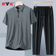 雅鹿短袖t恤男夏季透氣中年爸爸裝休閑百搭半袖翻領(lǐng)體恤長(cháng)褲一套裝男 灰/7705+605A42【兩件套】 M （重95-115斤高155-163）