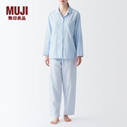 無印良品（MUJI） 女式 無側(cè)縫雙層紗織睡衣女士家居服春秋純棉條紋格紋長袖 女款 淺藍(lán)色條紋 M (上裝160/84A下裝160/66A)