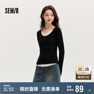 森馬毛衣女拼色假兩件毛衫修身春秋圓領(lǐng)套頭衫顯瘦109524107002