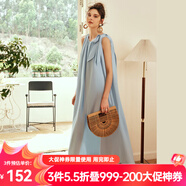 Olrain歐芮兒棕色無(wú)袖連衣裙女夏季新款寬松度假風(fēng)掛脖裙子沙灘裙 灰藍色 L