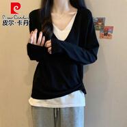 皮爾卡丹（pierre cardin）假兩件V領(lǐng)針織衫正肩長袖T恤女早春裝胖mm顯瘦中長款歐貨別致上衣 黑色針織衫【早秋/初秋/秋季/秋 M (100斤以內(nèi))