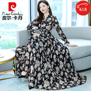 皮爾卡丹（pierre cardin）碎花連衣裙2025年春秋新款女裝氣質(zhì)仙女春秋長(zhǎng)*袖雪紡超仙長(zhǎng)款裙 2070黑色 M (95-105斤)