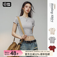 馬登美式亨利衫短袖正肩修身棉t恤短款純色內搭打底衫BM風(fēng)辣妹上衣女 花灰色 S 修身版型可拍大一碼