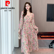 皮爾卡丹（pierre cardin）碎花雪紡連衣裙子女士裝春秋冬季2025新款氣質(zhì)收腰字長(cháng)袖中長(cháng)裙 粉色百合 L