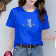 花花公子（PLAYBOY）女士恤短袖寬松時(shí)尚印花2025夏季新款正肩圓領(lǐng)體恤百搭上衣女潮 #克萊因藍(lán)-【藍(lán)冰玫瑰】高品質(zhì)棉 3XL 建議135-145斤