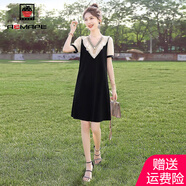 AEMAPE撞色連衣裙女裝2025夏裝新款女時(shí)尚優(yōu)雅氣質(zhì)短袖荷葉邊顯瘦裙子潮 黑拼杏色 2XL 建議145-160斤